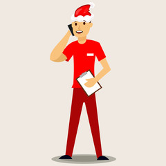 Delivery man in a red Santa hat with mobile phone. Vector Christmas illustration isolated on background.