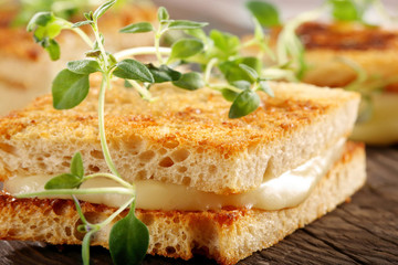 Fresh toast with cheese and herbs on wooden background