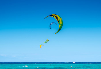 kite sails at strong wind at Bulabog beach, one of the most sought-after spots for kiteboarding and...