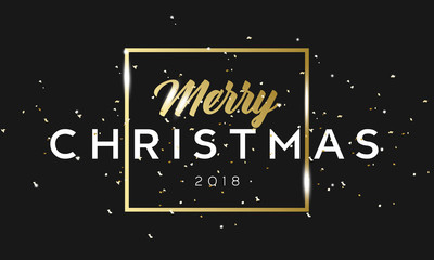 Merry Christmas golden phrase in frame with confetti. Luxury black and gold color background. Premium vector with typographic text for winter holidays card poster, flyer or banner template