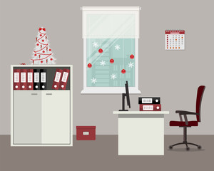 Workplace of office worker, decorated with Christmas decoration. There is a desk, chair, cabinet with folders and other objects on a window background in the image. There is also a Christmas tree here