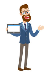 Hipster Businessman holding tablet PC and gesticulating