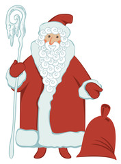Winter vector illustration on the theme of Merry Christmas and Happy New year. Cartoon Santa Claus with magic staff and gift bag on white background