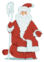 Winter vector illustration on the theme of Merry Christmas and Happy New year. Cartoon Santa Claus with a magic staff sitting on the gift bag on white background