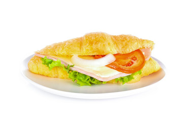 Croissant Ham cheese In dish on white background
