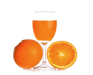 Orange slice, orange juice on white background