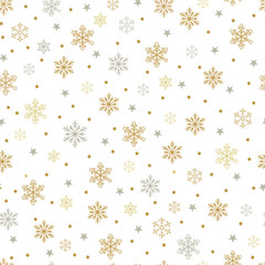 Gold and silver snowflakes and stars seamless pattern on a white background. Vector illustration.