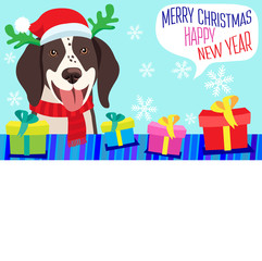 On The Eve. Cartoon Dog With Santa Hat, Gift And Space For Your Christmas Text Vector Banner. Holiday Winter Background. Great Holiday.