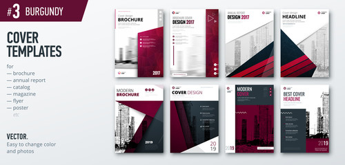 Set of business cover design template for brochure, report, catalog, magazine or booklet. Creative burgundy vector background concept