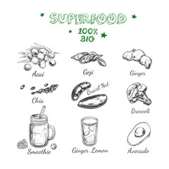 Superfood set. Healthy lifestyle. Vegetarian collection. Vector hand drawn illustration