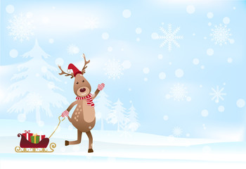 Deer with gift boxes pulling sleigh with snow and snowflake, Christmas holiday season