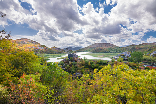 Panoramic view over Crnojevice River, Lake Skader National Park, Balkan Peninsula, Montenegro Europe