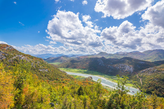 Panoramic view over Crnojevice River, Lake Skader National Park, Balkan Peninsula, Montenegro Europe