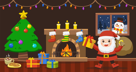 Santa Claus bring the sack with gifts for Christmas in Decorated living room Winter Holidays. Merry Christmas and Happy New Year.