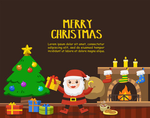 Merry Christmas and Happy New Year. Santa hand holding Christmas Gift box in Decorated Living Room Winter Holidays.  Template for advertising brochure.