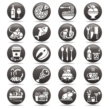 vector white on black circle button Set of flat icons and elements about food and drink for cuisine web restaurant menu