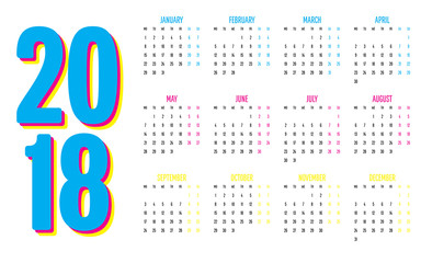 2018 Calendar Design Template Vector Illustration Simple Clear With CMY Color Theme Week Start from Monday