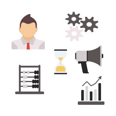 Set of businessman icons depicting a man working at his desk to a deadline public speaking on a megaphone doing a presentation and his career taking off like a rocket or an inspirational idea