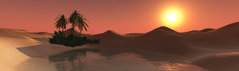 Fototapeta na wymiar oasis in the sandy desert, sunset over the sands with palm trees and a lake 