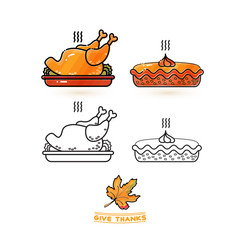 Cute turkey and pie. Thanksgiving icons set. 