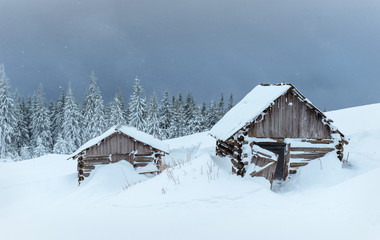 Cabin in the mountains in winter. Mysterious fog. In anticipation of holidays. Carpathians. Ukraine, Europe