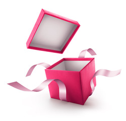 Pink open gift box with ribbon isolated on white background