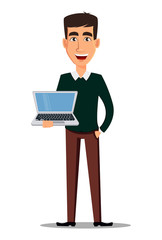 Young handsome smiling businessman in smart casual clothes holding laptop.