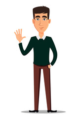 Young handsome smiling businessman in smart casual clothes showing greeting gesture