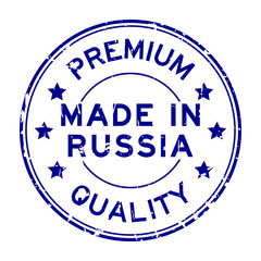 Grunge blue premium quality made in Russia round rubber seal stamp on white background