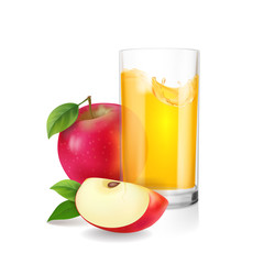 Glass of apple juice with slices of red apple realistic vector illustration isolated