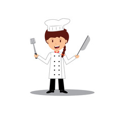 Cute cartoon of little chef cooking at kitchen.