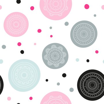 Seamless round ornament pattern. Hand drawn background. Vector repeating texture.