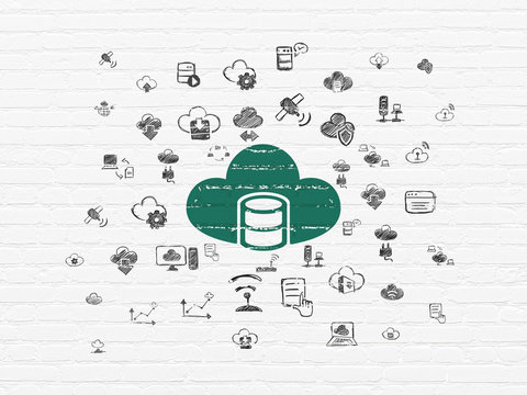 Cloud networking concept: Painted green Database With Cloud icon on White Brick wall background with  Hand Drawn Cloud Technology Icons