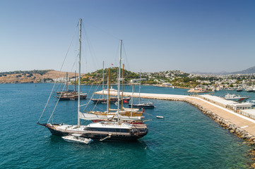 Sunny view of harbour from Castle of St. Peter, Bodrum, Mugla province, Turkey.