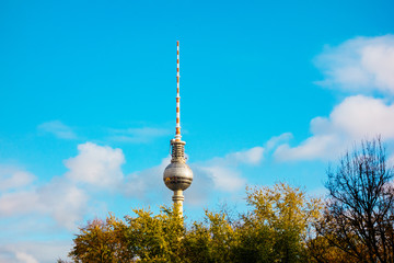 tv-tower at berlin with green trees and copy space in the sky