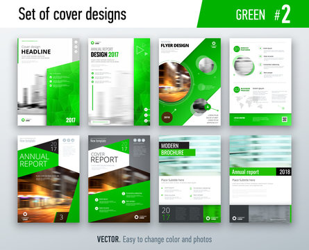 Set of business cover design template in green color for brochure, report, catalog, magazine or booklet. Creative vector background concept