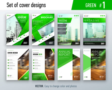 Set of business cover design template in green color for brochure, report, catalog, magazine or booklet. Creative vector background concept