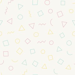Seamless memphis pattern with light background with different shapes. Trendy memphis style. Vector repeating texture.