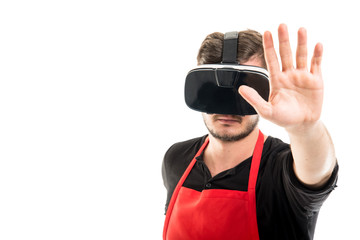 Male supermarket employer gesturing stop wearing vr goggles