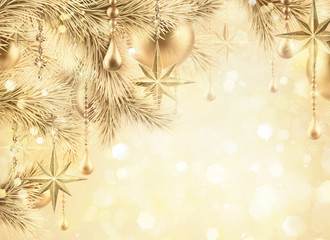 digital illustration, sparkling golden festive background, bokeh lights, vintage Christmas tree ornaments, gold balls, stars, winter holiday greeting card
