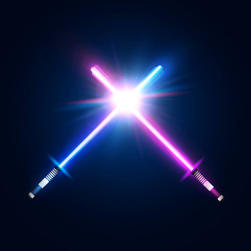 Two crossed light neon swords. Fight club logo or emblem. Blue and purple crossing laser rays. Glowing sabers in space. Design elements with flares and sparkles for your projects. Vector illustration.
