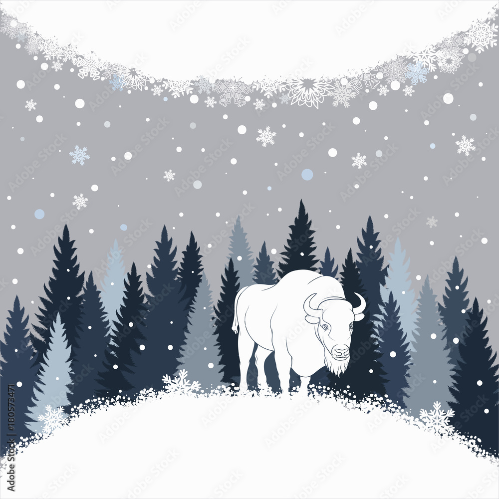 Aufkleber card with bison on the forest background and snow. winter vector background with place for inscripti