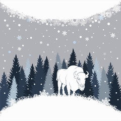 Card with bison on the forest background and snow. Winter vector background with place for inscription. © rizik_pic