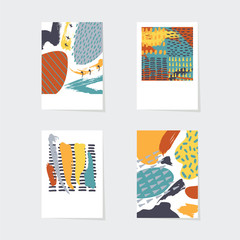 Vector abstract cards set. Hand drawn elemens in nuance colors. Dots. spots and brush strokes in imperfect style.