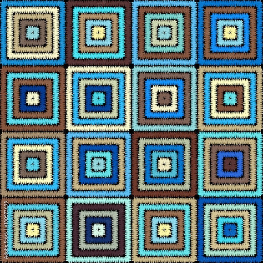 Poster Imitation of geometric embroidery pattern. Colored lines on a black background. Ethnic and tribal motifs. Seamless vector background in the bohemian style.