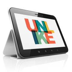 Social network concept: Tablet Computer with Painted multicolor text Unlike on display, 3D rendering