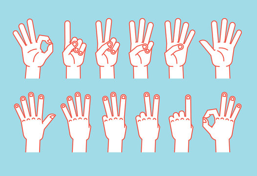 Count on fingers. Gesture. Stylized hands showing different numbers. Icons. Vector.