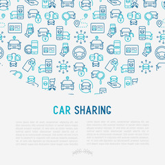 Car sharing concept with thin line icons of driver's license, key, blocked car, pointer, available, searching of car. Vector illustration for banner, web page, print media.