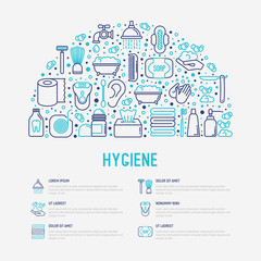 Hygiene concept in half circle with thin line icons: hand soap, shower, bathtub, toothpaste, razor, shaving brush, sanitary napkin, comb, ball deodorant, mouth rinse. Vector illustration.