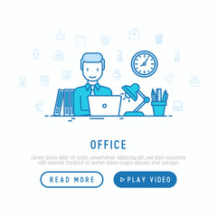Manager is working on laptop in office overtime. Concept with thin line icons for web page template. Vector illustration.